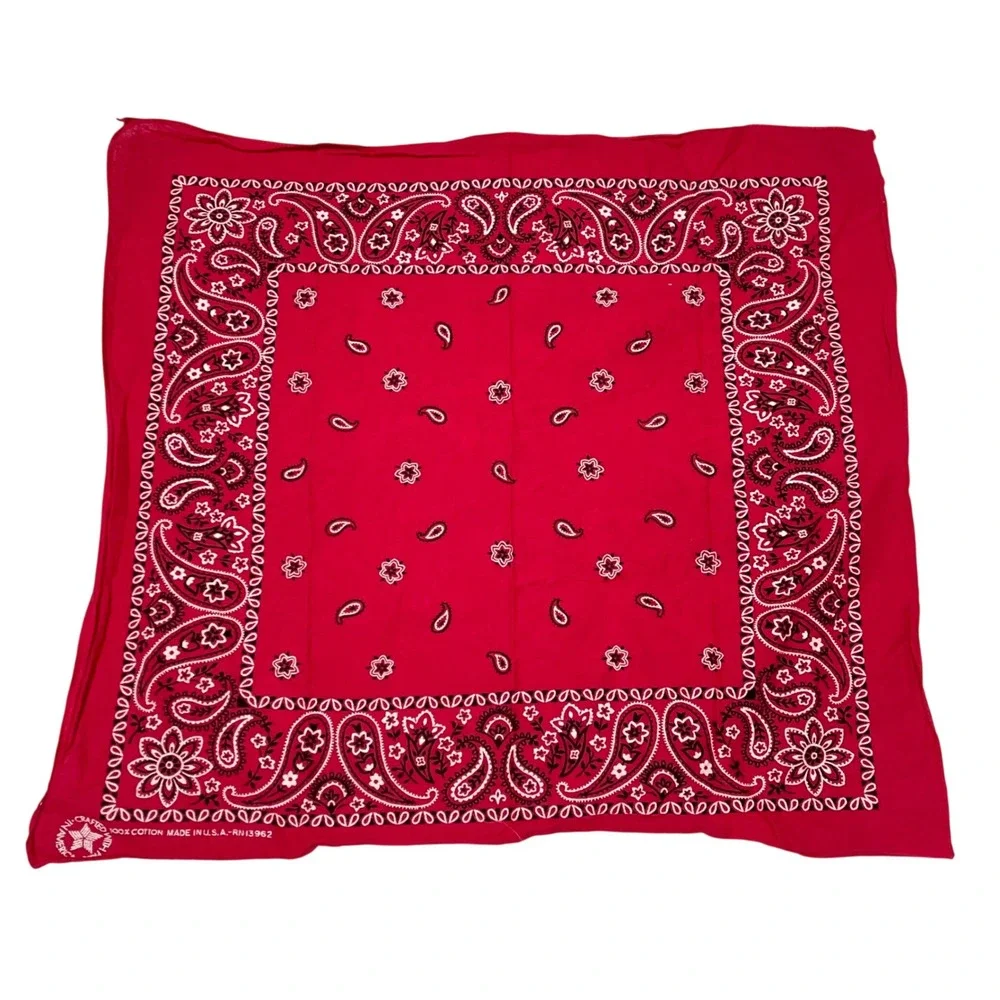 VTG USA 100% Cotton Cherry‎ Red Bandana Handkerchief Floral Paisley Rave 13962